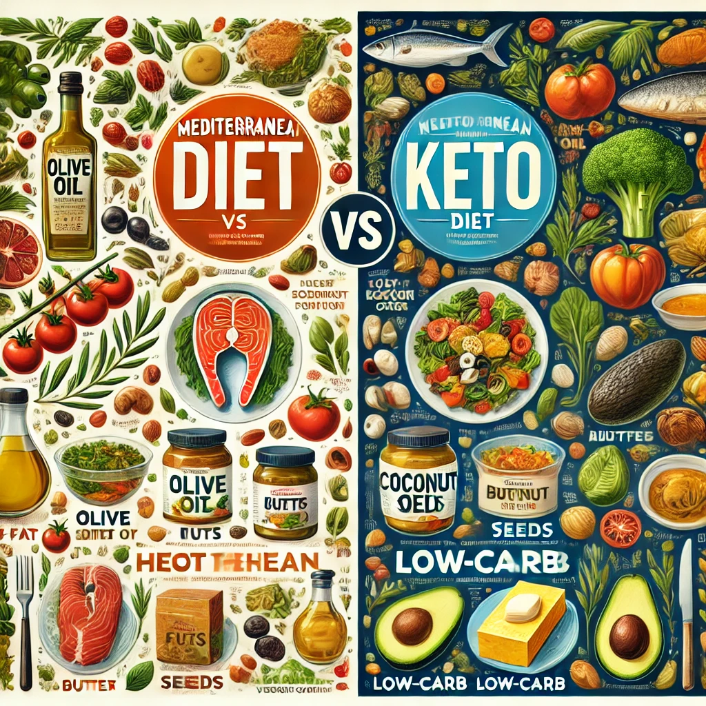 Infographic comparing the Mediterranean diet vs Keto, showing food examples and health benefits for each diet, with the Mediterranean side featuring olive oil, fruits, and fish, and the Keto side displaying high-fat foods like butter and avocados.