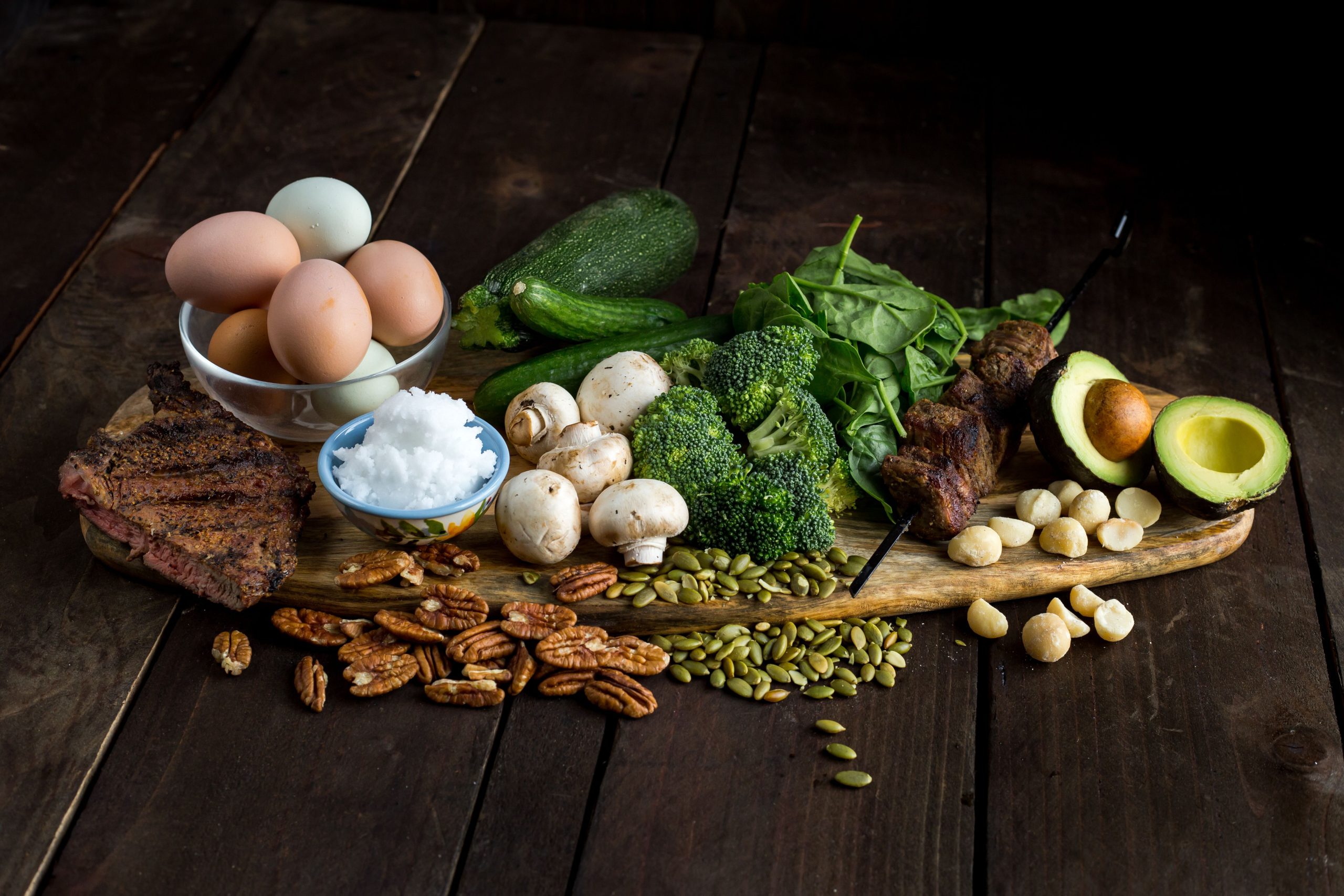 Dirty keto diet food list ingredients including avocado, bacon, eggs, and nuts.