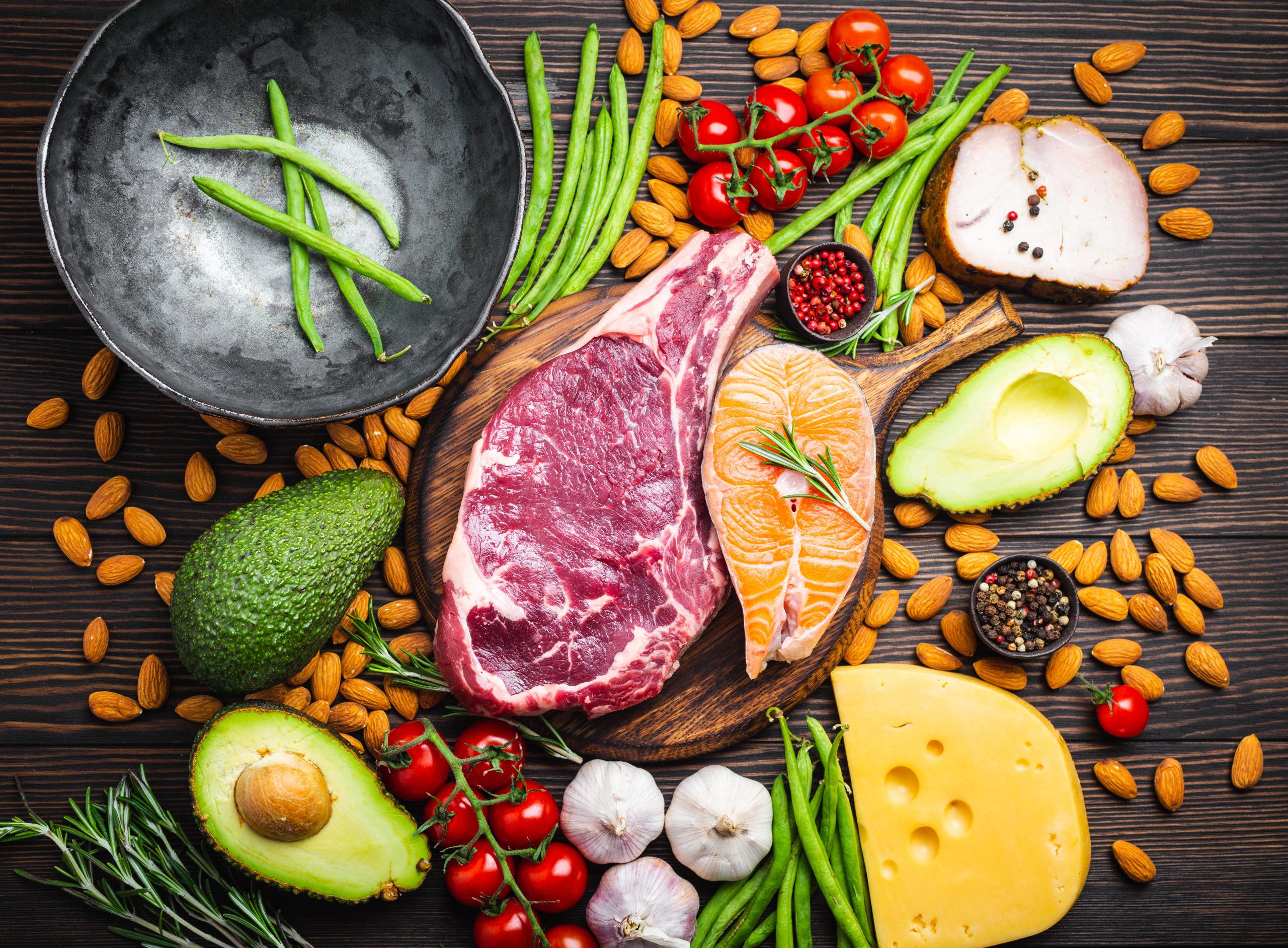 Assortment of low-carb foods on a wooden table, including a raw steak, a slice of salmon, almonds, avocado, cheese, cherry tomatoes, green beans, and spices, ideal for an Atkins diet meal planner.