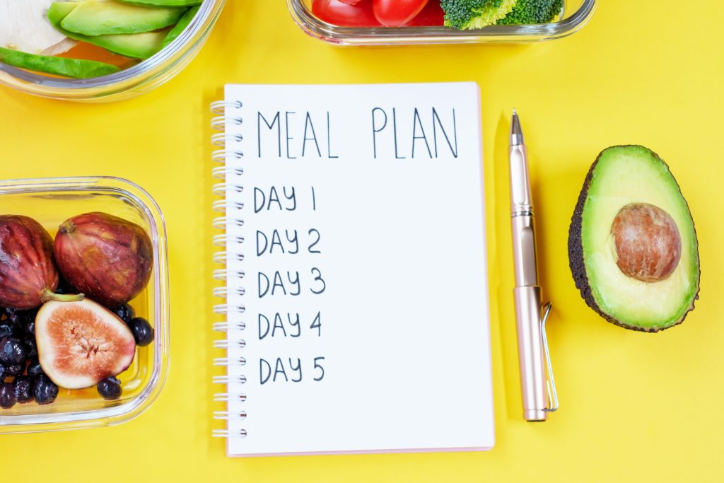 Notepad with inscription meal plan on yellow background and containers with food. 7-Day Meal Plan for Intermittent Fasting concept