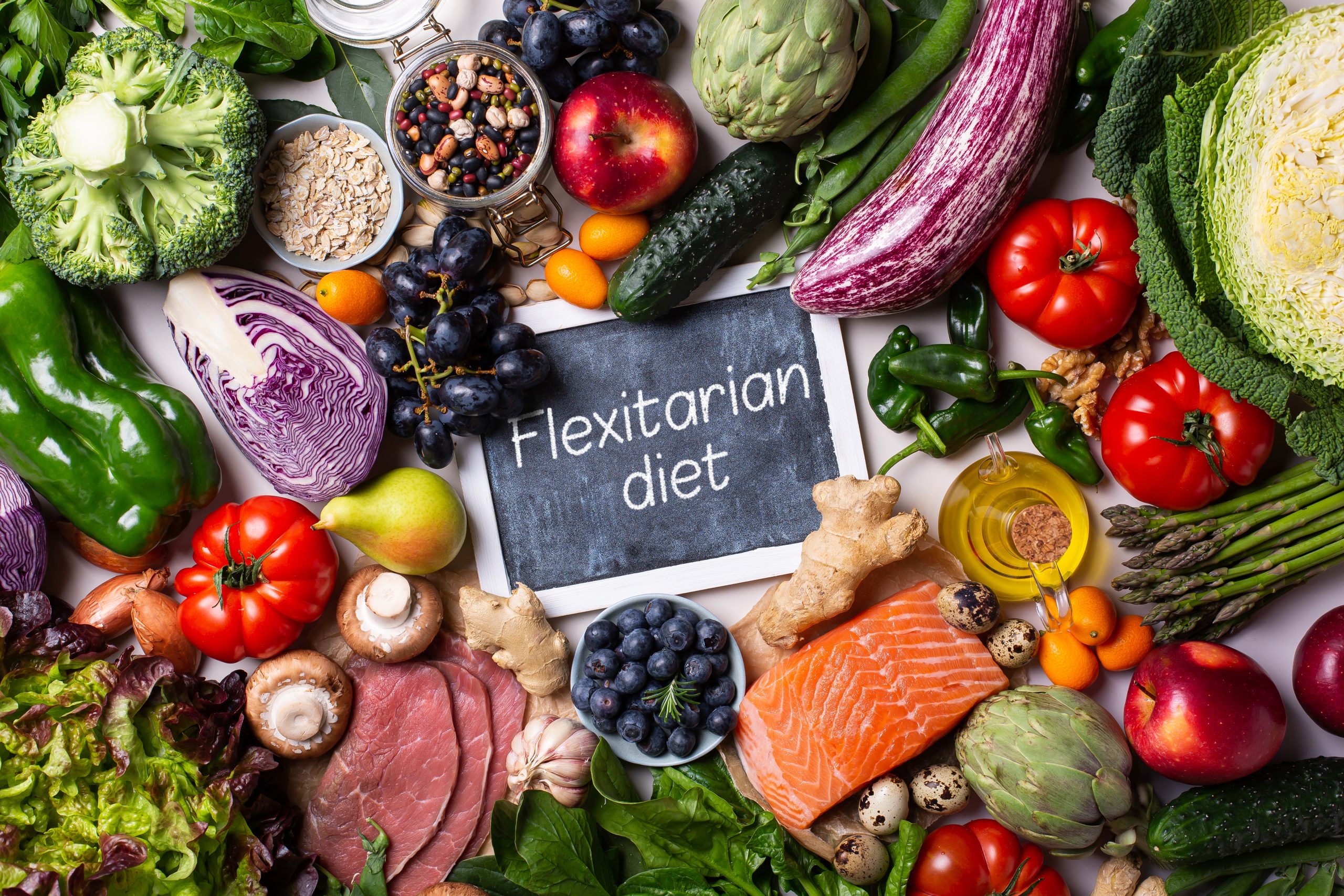 Assortment of healthy food for clean eating flexitarian meal plan diet